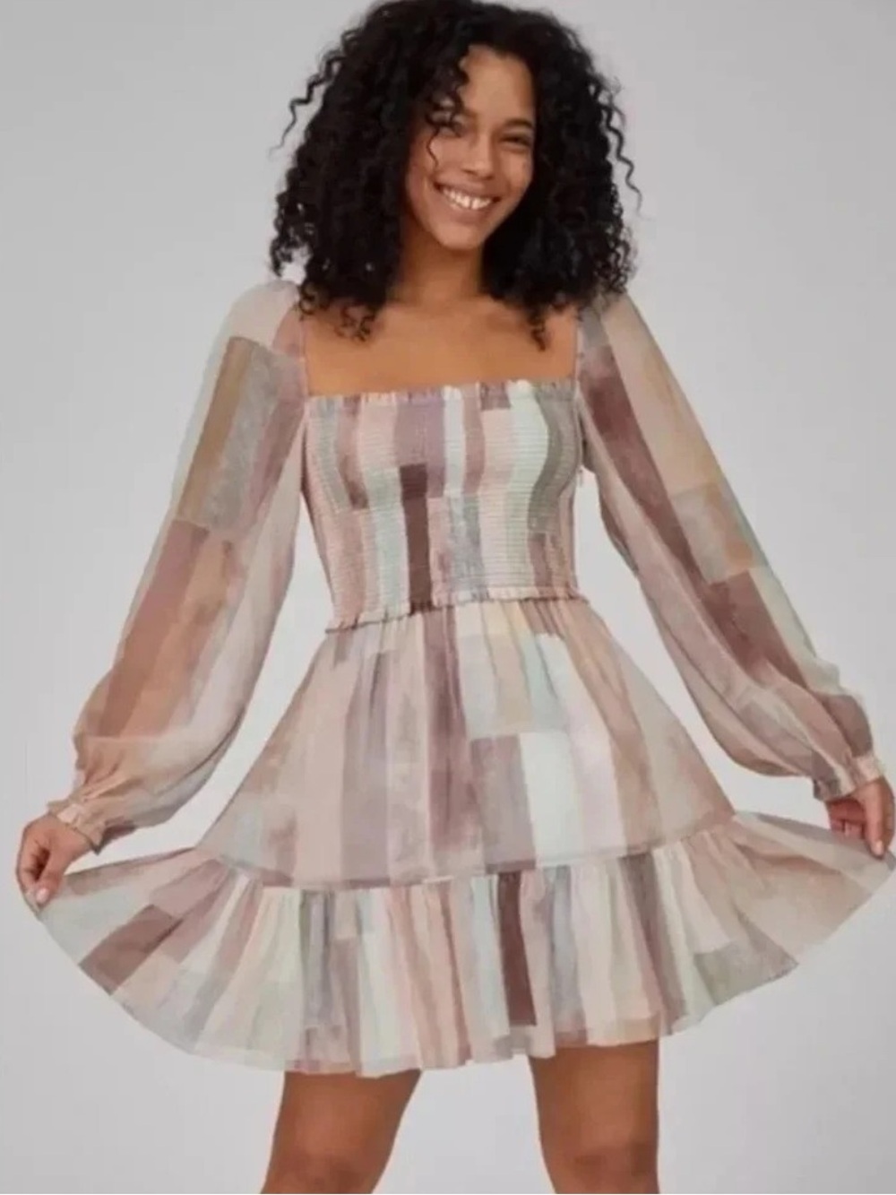 Wilfred Sheer Smocked Square-Neck Tiered Mini Dress - Dusty Rose Multi